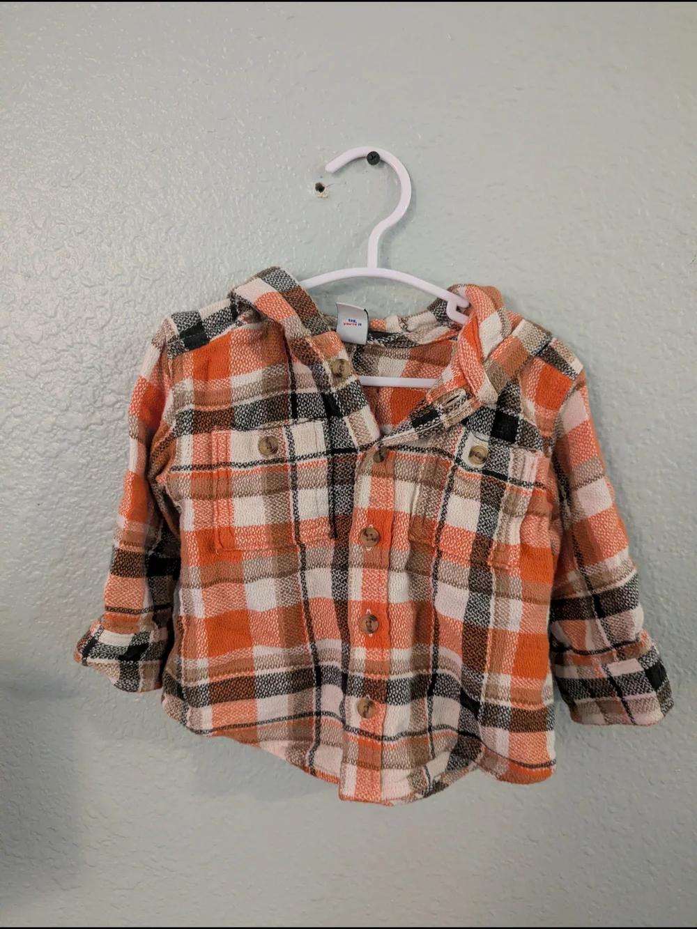 Old Navy Orange, Black & Cream Plaid Hooded Button-Down Shirt